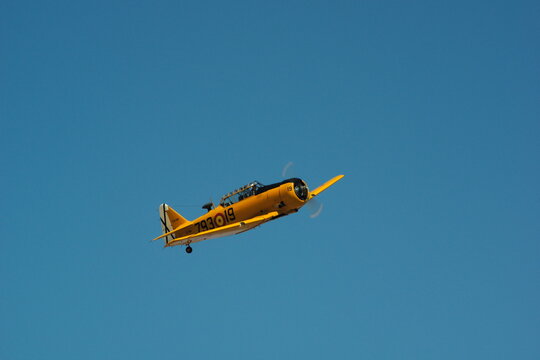 The Infante de Orleans Foundation's North American T-6 Texan in flight over the skies of Madrid.