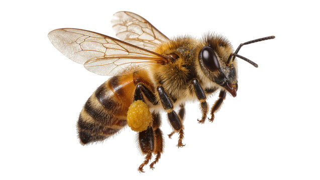 Fuzzy honey bee with pollen sac, isolated on transparent background