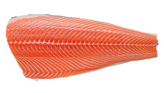 Raw salmon fillet with visible pink flesh and white fat lines, isolated on transparent background