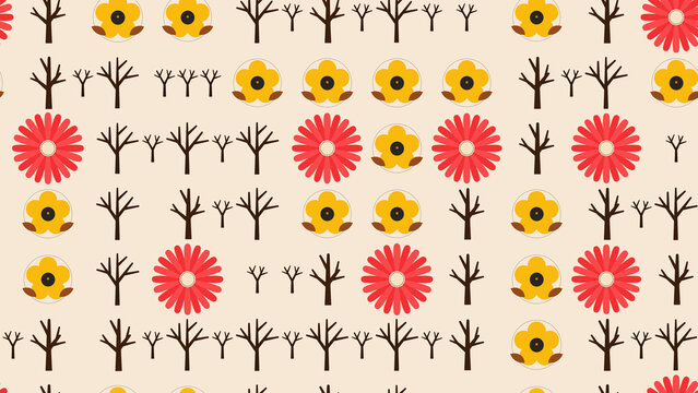 Stylized trees and flowers pattern
