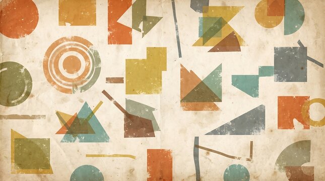 A vibrant composition of geometric forms and textural layers exploring mid century modern aesthetics through abstract shapes and color palettes