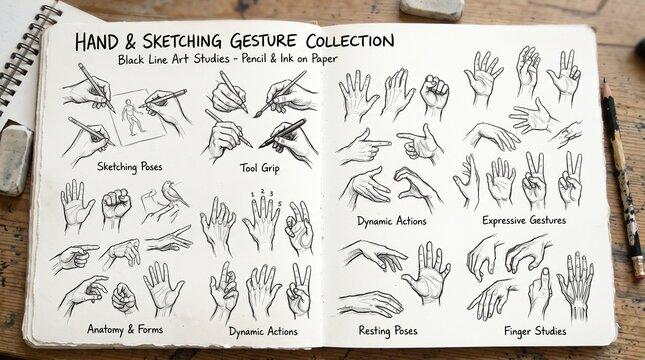 A sketchbook page featuring a collection of hand drawing studies and various gesture sketches.