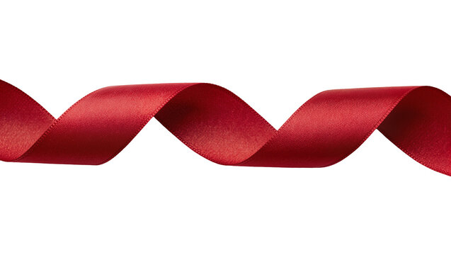 Shiny red satin ribbon curling in a wave, isolated on transparent background