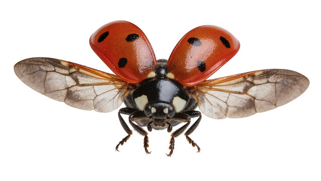 Red ladybug with black spots opening wings, isolated on transparent background