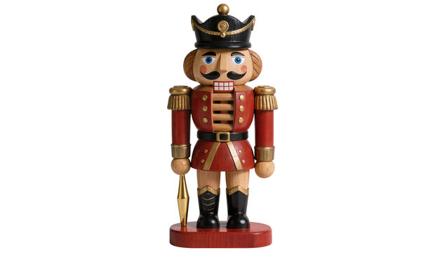 Wooden nutcracker soldier with red uniform and black hat, isolated on transparent background