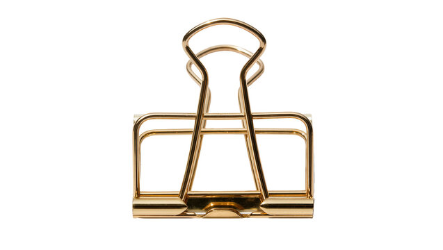Shiny gold binder clip holding papers together, isolated on transparent background