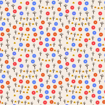 Stylized trees and flowers seamless pattern