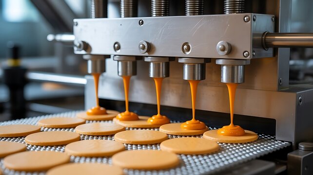 Close up of automated food processing machine depositing orange filling onto round biscuits on a moving conveyor belt in a modern factory setting