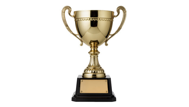Golden trophy with handles and blank plaque, isolated on transparent background