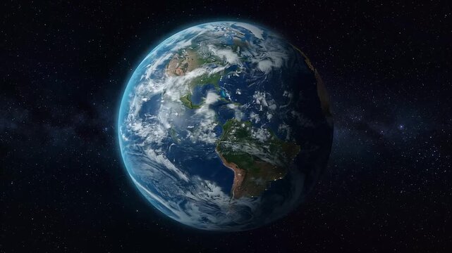 Earth rotating against starry space background with cloud formations landmasses
