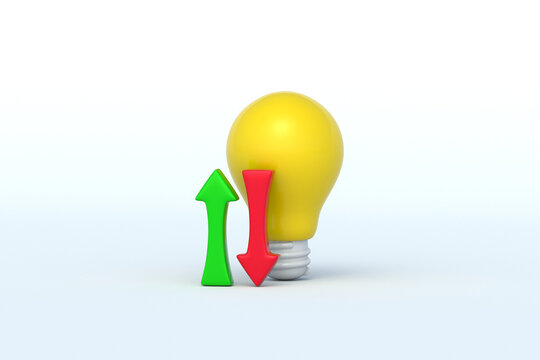 Adapting idea to market. Flexible thinking. Energy efficiency. Increase or decrease in electricity tariffs. Rise or fall of technology stocks. Light bulb beside up and down arrows. 3d render