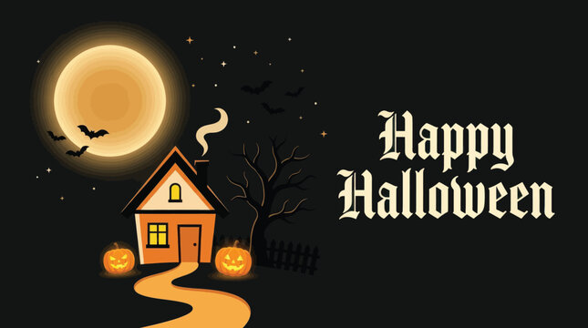 Happy Halloween vector illustration featuring a glowing full moon over a spooky cottage house with carved orange pumpkin jack-o-lanterns