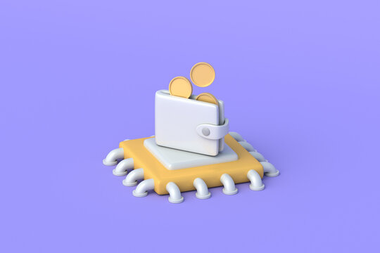 Digital cryptocurrency wallet. Crypto storage. Secure blockchain transactions. Innovative fintech banking payment networks. Billfold with coins on electronic microchip. 3d render