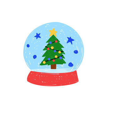 Snow globe with snowman and christmas tree crayon style vector illustration. Hand drawn winter snowglobe clipart isolated.