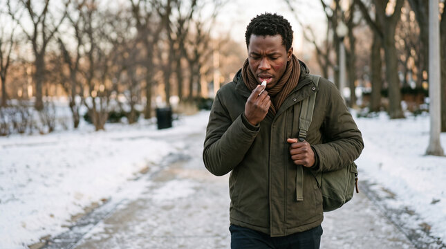 Man applying lip balm outdoors in snowy park, chapped lips and winter skincare relief 
