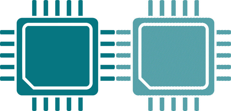 Two teal computer processor icons, one solid and one with diagonal line texture chip