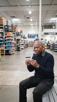 In a spacious grocery store, an elderly man sits on a bench, carefully looking at his shopping list. A variety of products line the aisles, suggesting a busy day of errands ahead.
