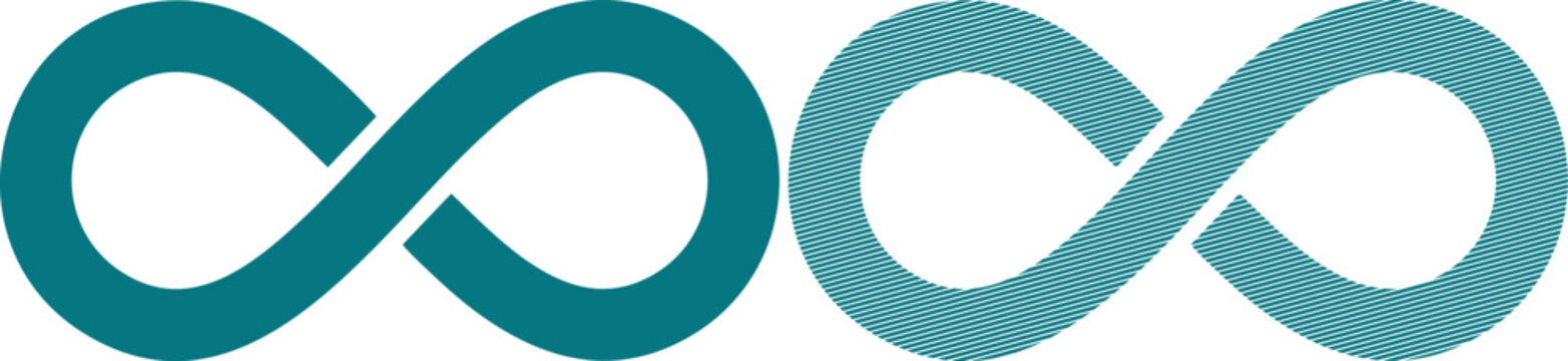 Two teal infinity symbols, one solid and one with diagonal line pattern on white sign blue