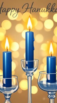 Blue hanukkah candles in glass holders with glowing flames and golden bokeh background warm close ups of holiday candlelight reflections