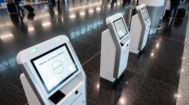 Self service airport check in kiosks for streamlined passenger travel at modern terminal