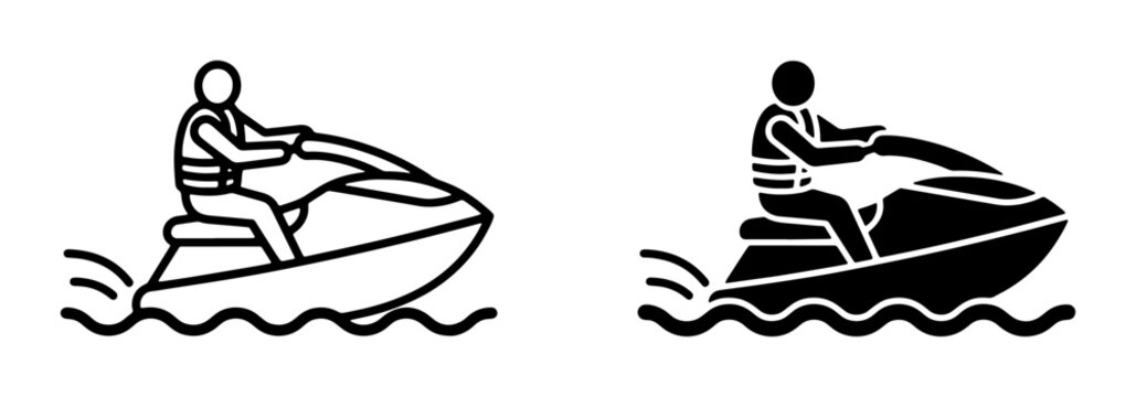 Jet Ski Rider Icons, Personal Watercraft Vector Graphics, Water Sports Silhouette Set, Summer Recreation Symbols