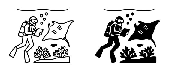 Scuba Diver Researching Marine Life, Manta Ray, Fish, Coral Reef, Underwater Scene, Vector Icons © Safik