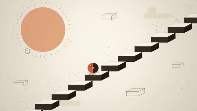 Minimalist graphic animation of a creature climbing endless steps