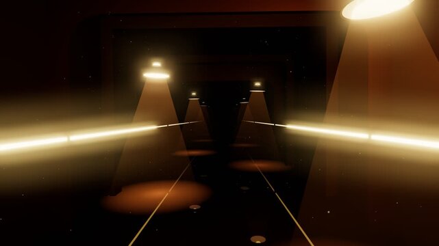 Warm Yellow Lamps Corridor Loop with Glowing Lights and Laser Beams