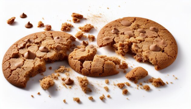 cookie crumbs scattered on white white background