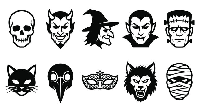 Halloween vector illustration set featuring iconic horror character portraits including ghosts, monsters, witches, and festive masks in black white style