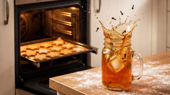 Ice cubes splashing into iced chai with a Christmas vibe.