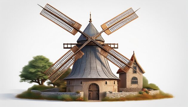 isolated cutout of medieval mill on a white background ideal for photobashing matte painting concept art