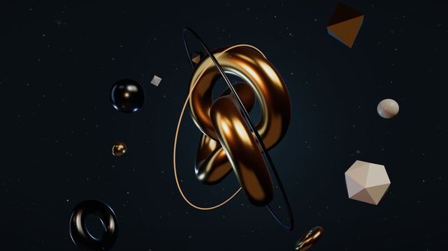Abstract Gold And Black 3d Shapes Floating In Space Loop
