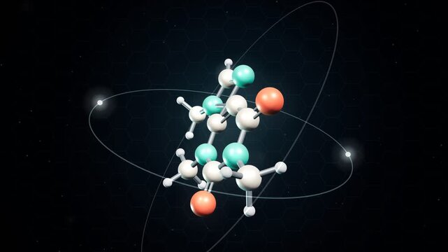 3D scientific rotating chemical molecule structure with orbiting