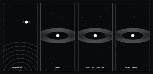 Minimalist celestial poster design featuring stellar orbital mechanics and planetary rings in a series of monochromatic cosmic space art panels © Said