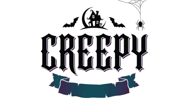 Creepy word typography vector illustration featuring haunted mansion, flying bats, hanging spider, and decorative ribbon for spooky holiday seasonal branding