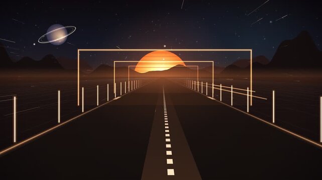Futuristic neon highway road heading towards a giant orange sun