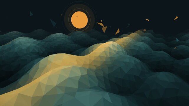 Low poly mountain landscape terrain animation with glowing sun and