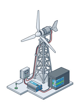 Small wind turbine generator system with battery storage and inverter on concrete platform.