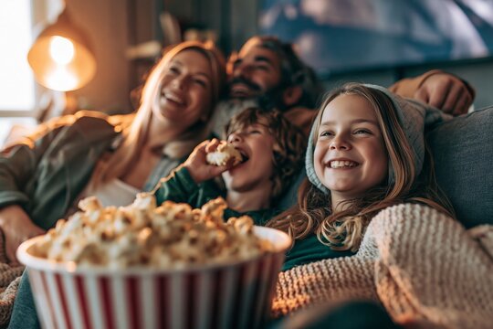 Happy family watching movie on sofa eating popcorn together in living room during evening