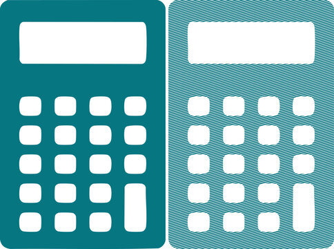 Two teal calculator icons, one solid and one with a diagonal line texture pattern math des