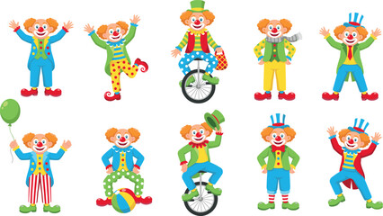 Obraz premium Funny cartoon circus clown characters set performing tricks riding unicycle balancing on ball holding balloon isolated on white background