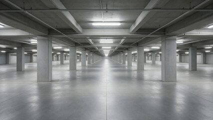 Obraz premium Spacious empty underground parking garage interior with polished concrete floor, bright ceiling lights, structural columns, and symmetrical perspective in a modern commercial building background