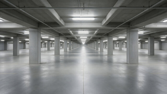 Spacious empty underground parking garage interior with polished concrete floor, bright ceiling lights, structural columns, and symmetrical perspective in a modern commercial building background