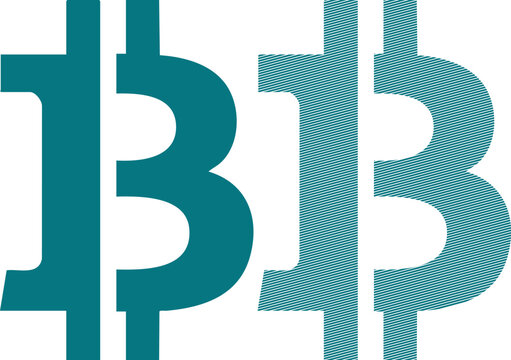 Two teal bitcoin symbols, one solid and one with a diagonal line pattern, on white finance