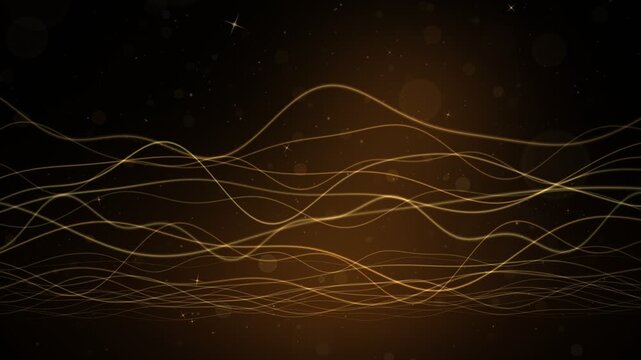 Elegant golden wave lines and sparkling bokeh particles on a dark