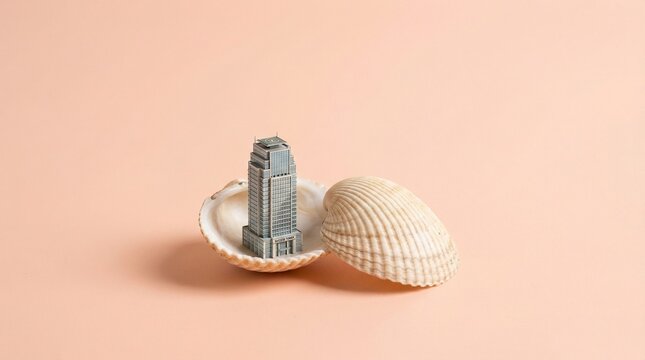 Creative concept featuring a miniature skyscraper model placed inside an open sea shell on a solid background