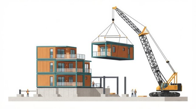 Workers are assembling a modular prefab home as a crane lifts a box module for installation at the construction site.
