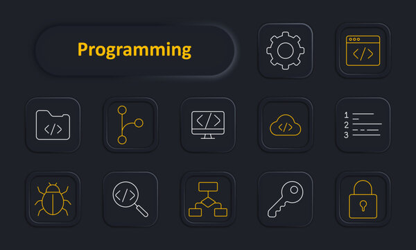 Programming set icon. Settings gear, code browser, code folder, git branch, monitor, cloud, numbered list, bug insect, search, flowchart, key form, padlock.