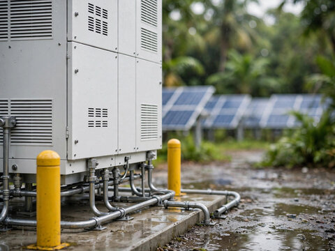 Close Up Of Battery Energy Storage Cabinet With Electrical Conduits - White battery cabinet with conduits and yellow bollards on wet concrete after rain, blurred solar panels background.